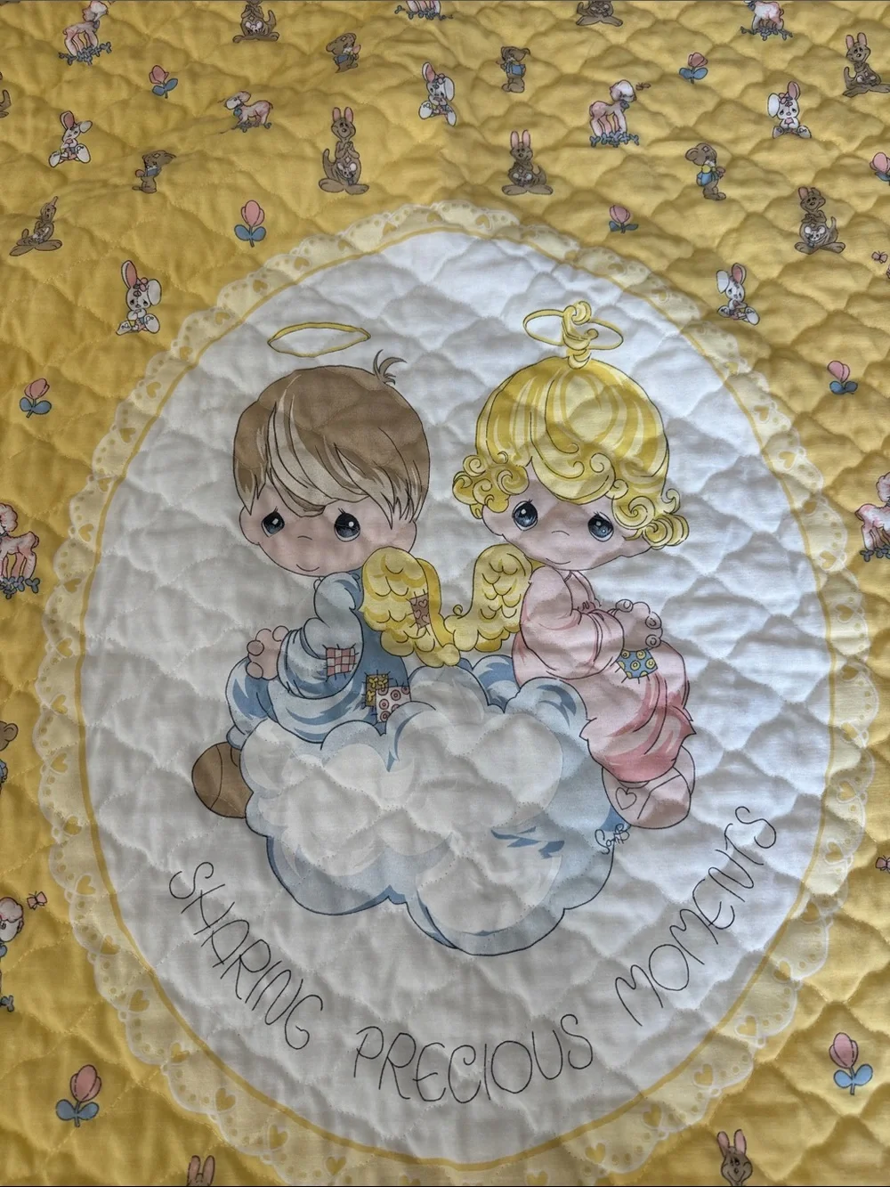 Vintage Yellow Precious Moments Baby Quilt w/ Ruffle Trim approx 45inX35&1/2in